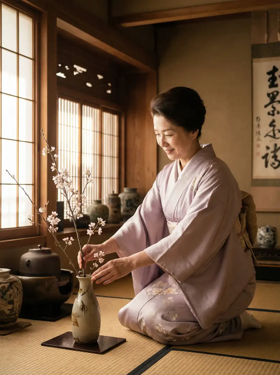 一位优雅的 best365体育平台 在和室中插花