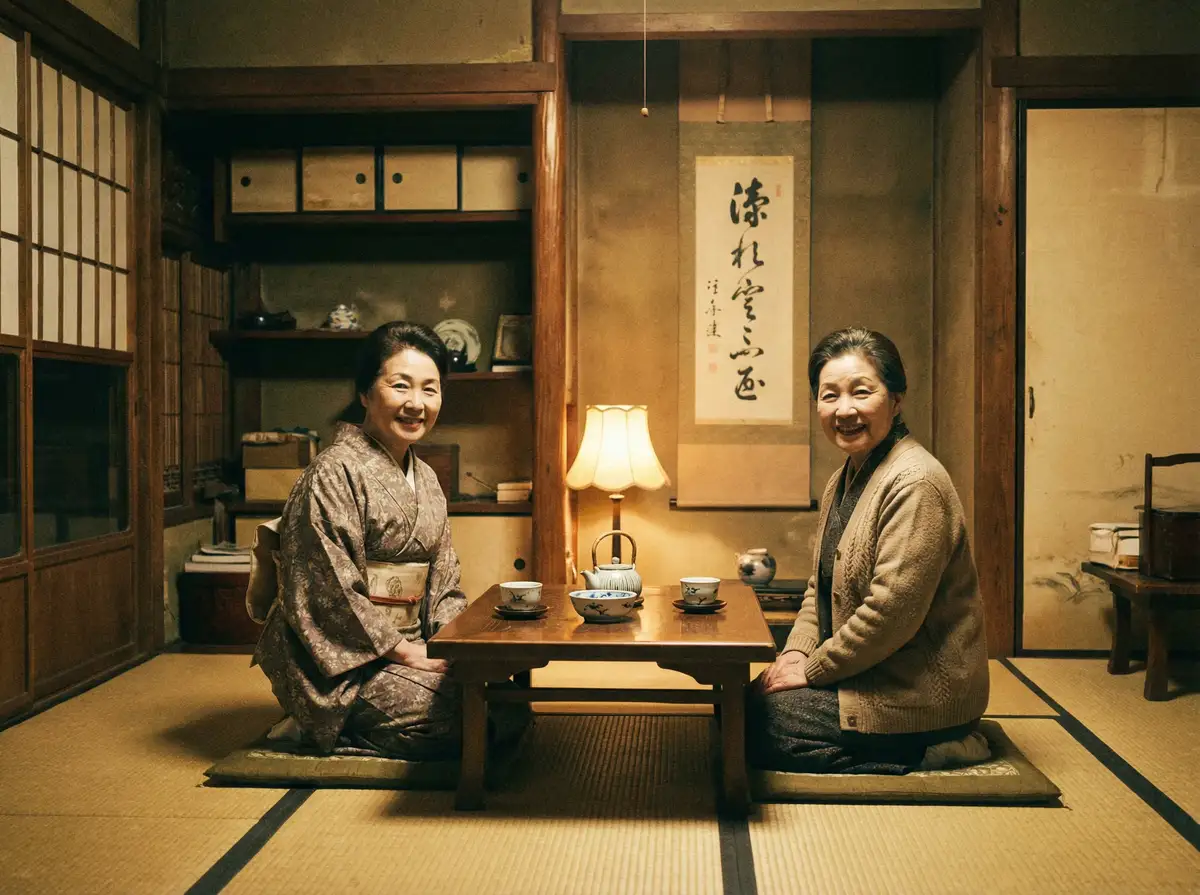 两位优雅的 best365体育平台 在日式茶室中品茶交谈